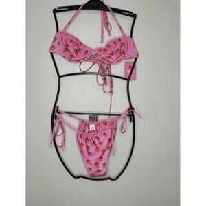 Strawberry Milk Mob pink all over print cute girlie strappy bikini size L NWT